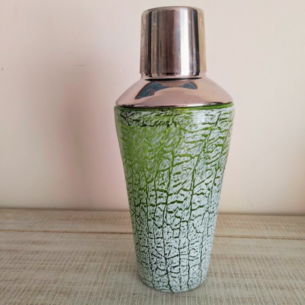 Mid Century Modern Cocktail Shaker Green Frosted Glass Stainless Steel